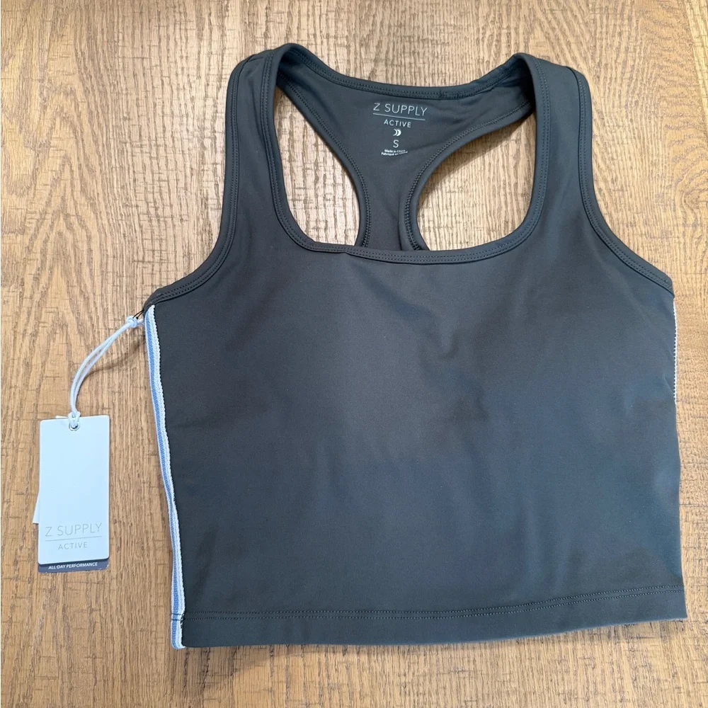 Z Supply Black Active Racerback Crop Top & Leggings Set with Blue-White Stripe